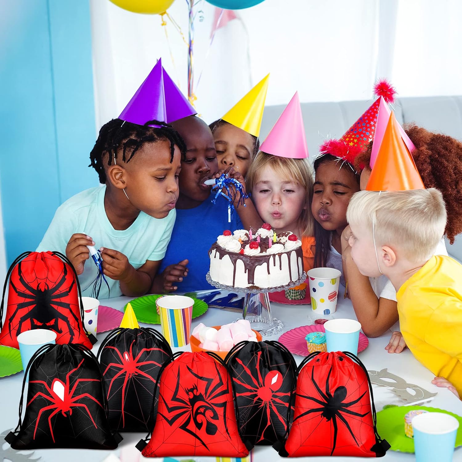 Lothee 24 Pcs Spider Drawstring Bags Birthday Party Favors Goodie Bag Backpack Spiderweb Candy Treat Bags for Birthday Party Supplies (Novel Style)