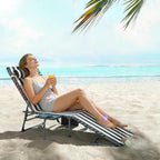 Outsunny Folding Chaise Lounge Chair Outdoor Tanning Chair with Side Table, 5-Level Adjustable Beach Lounge Chair with Headrest, Side Pocket for Patio, Backyard, Beach, Poolside, Blue and White