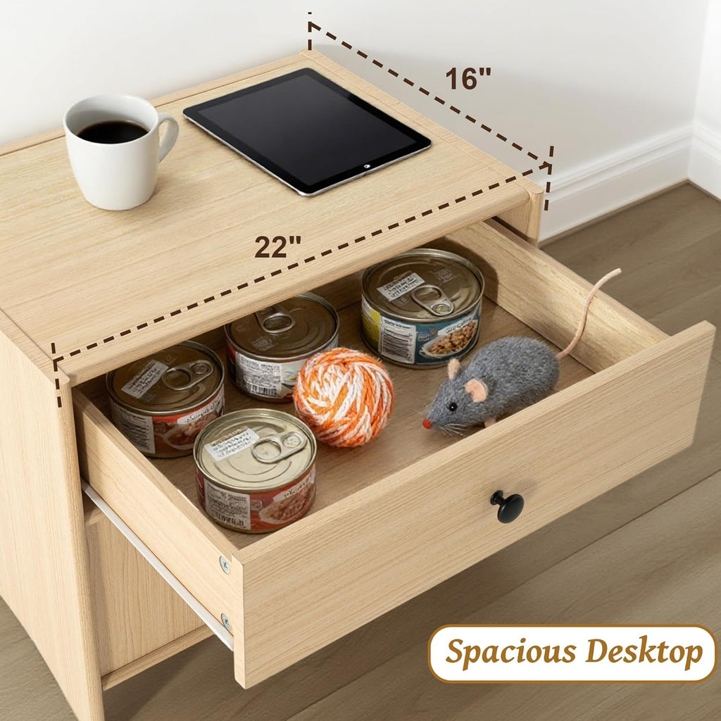 2-in-1 Nightstand with Drawer Wooden Cat Bed End Table, Modern Cat Bedside Table Hideaway Small Side Table for Living Room Bedroom