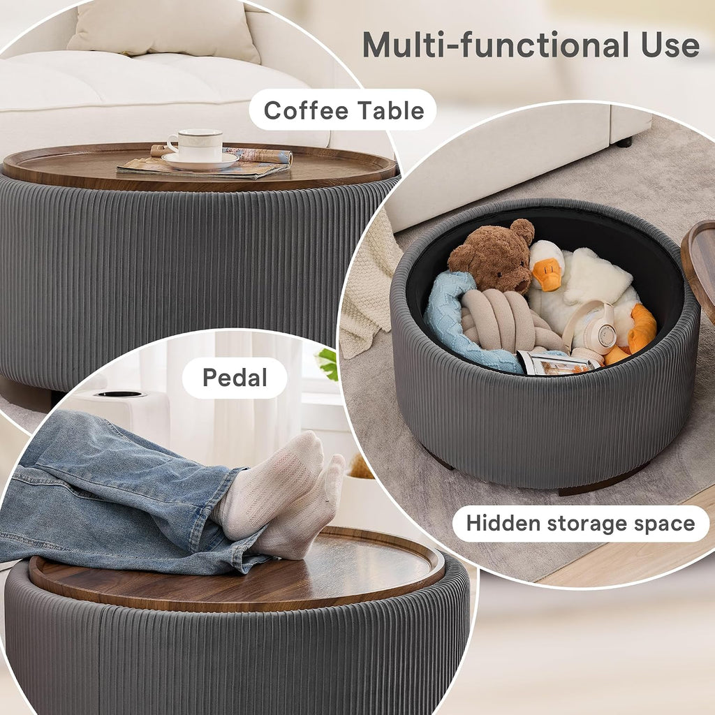 29.5-Inch Round Coffee Table Ottoman with Storage, Multi-Functional Storage Ottoman and Stylish Coffee Table, Flip-Top Tray and Hidden Stow, Suitable for Living Room, Bedroom (Grey)