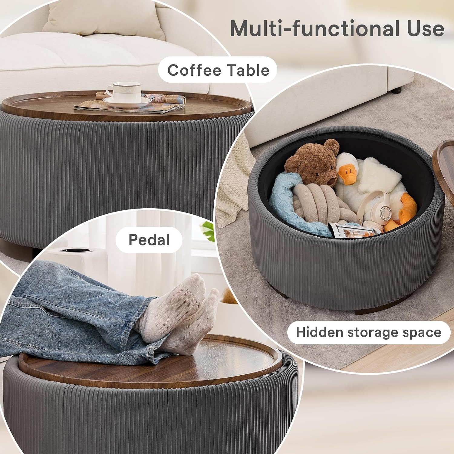 29.5-Inch Round Coffee Table Ottoman with Storage, Multi-Functional Storage Ottoman and Stylish Coffee Table, Flip-Top Tray and Hidden Stow, Suitable for Living Room, Bedroom (Grey)
