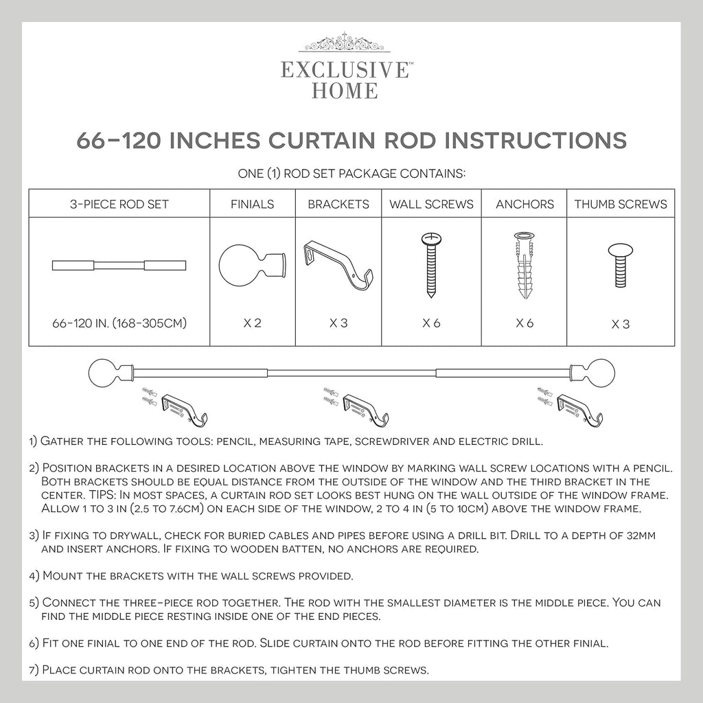 EXCLUSIVE HOME Torch 1" Curtain Rod and Coordinating Finial Set, Matte Silver, Adjustable 66"-120"