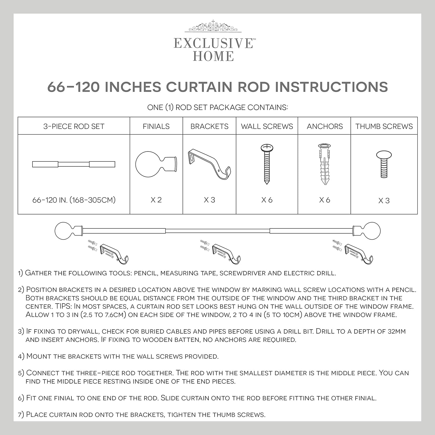 EXCLUSIVE HOME Torch 1" Curtain Rod and Coordinating Finial Set, Matte Silver, Adjustable 66"-120"