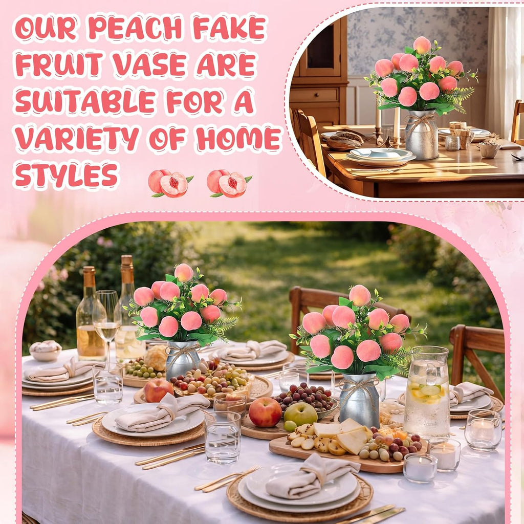 Hotop 2 Sets Artificial Peach Branches with Flower Vases 16.14'' Realistic Artificial Peach Fruits Bouquet with Green Leaves Fruit Flower Arrangement for Home Baby Shower Party Farmhouse Table Decor