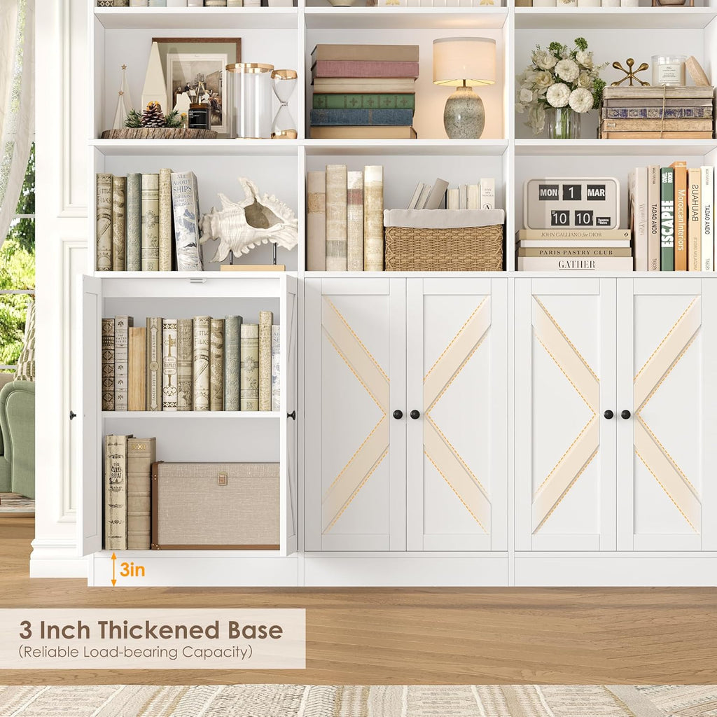 FACBOTALL 70.9" Wide Bookshelf, 6 Tier Farmhouse Bookshelf with 8 Doors, Large Bookcase with 18 Storage Shelves, Tall Bookshelves and Bookcases, Modern Bookshelves for Living Room, White
