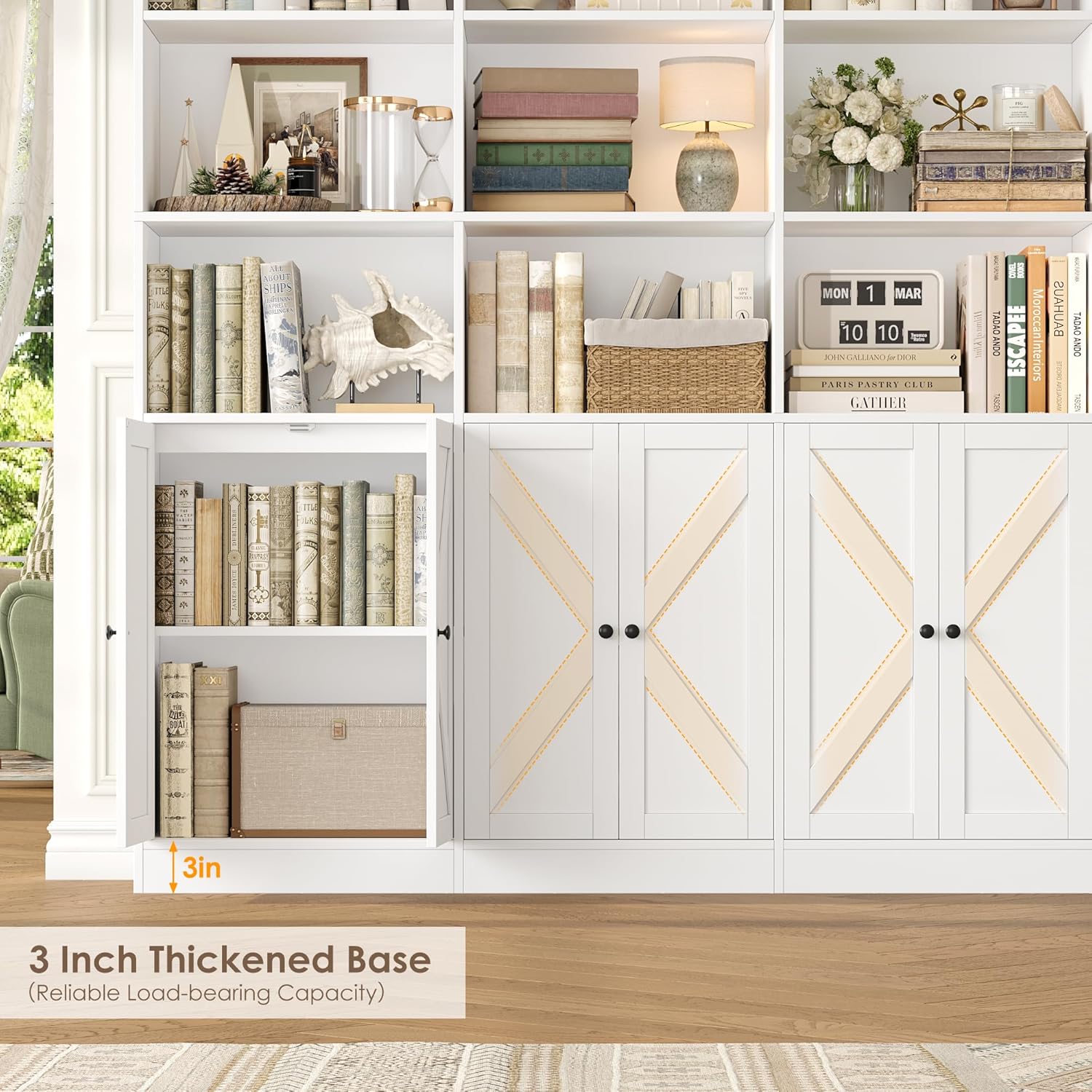 FACBOTALL 70.9" Wide Bookshelf, 6 Tier Farmhouse Bookshelf with 8 Doors, Large Bookcase with 18 Storage Shelves, Tall Bookshelves and Bookcases, Modern Bookshelves for Living Room, White