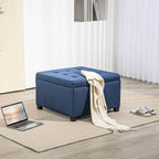 Round Storage Button Tufted Flip Top Ottoman in Luxurious Blue Velvet with Premium Upholstery and Comfortable Elegant Design