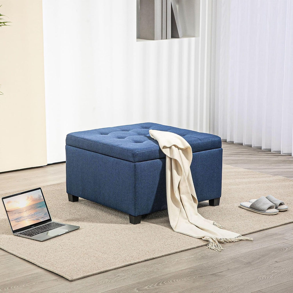 Round Storage Button Tufted Flip Top Ottoman in Deep Blue Velvet Fabric Comfortable Upholstery and Modern Design