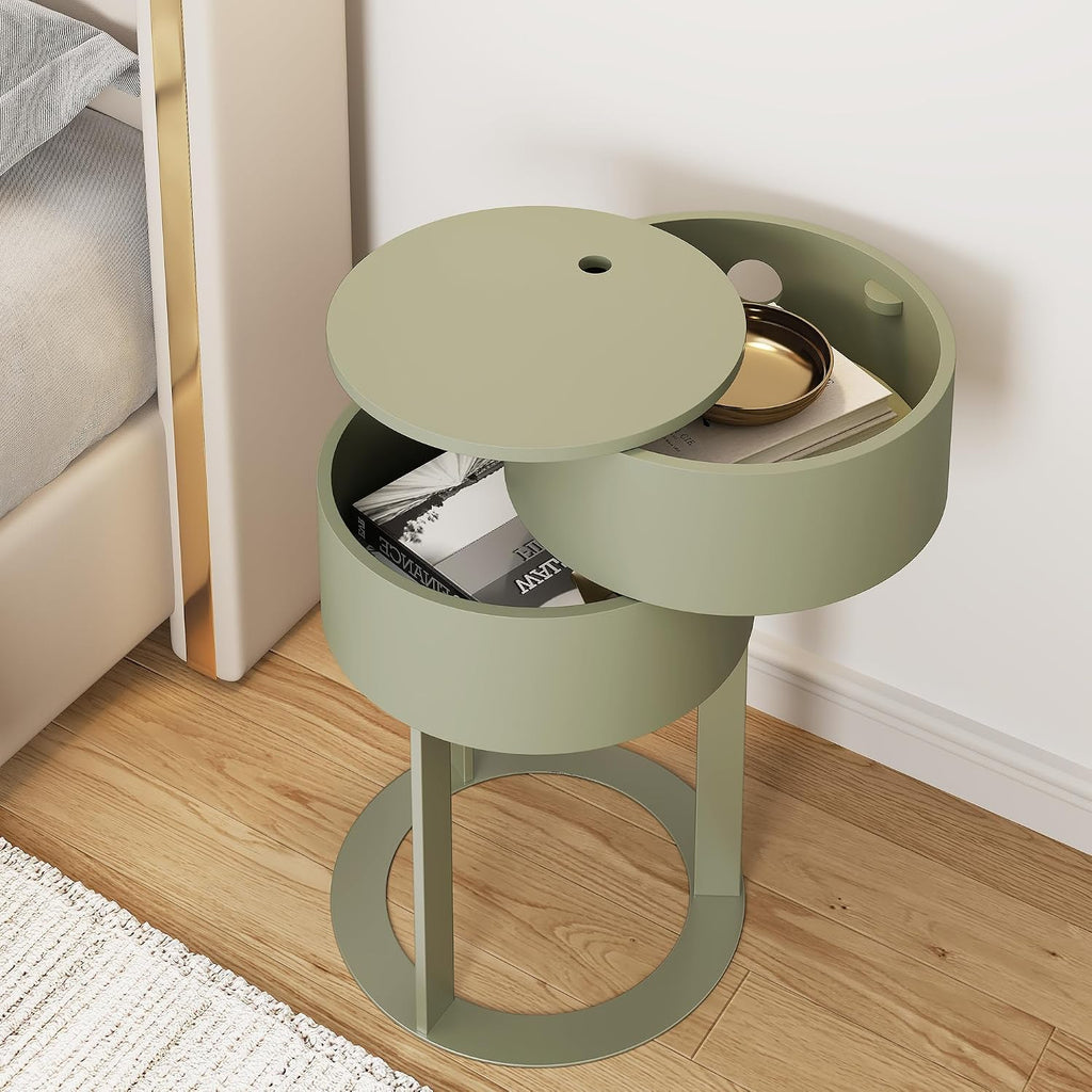 Round End Table with Storage, Rotating Nightstand, Green | Easy Legs-Only Assembly, Hidden Double-Layer Storage, Minimalist Accent Table for Bedroom and Living Room