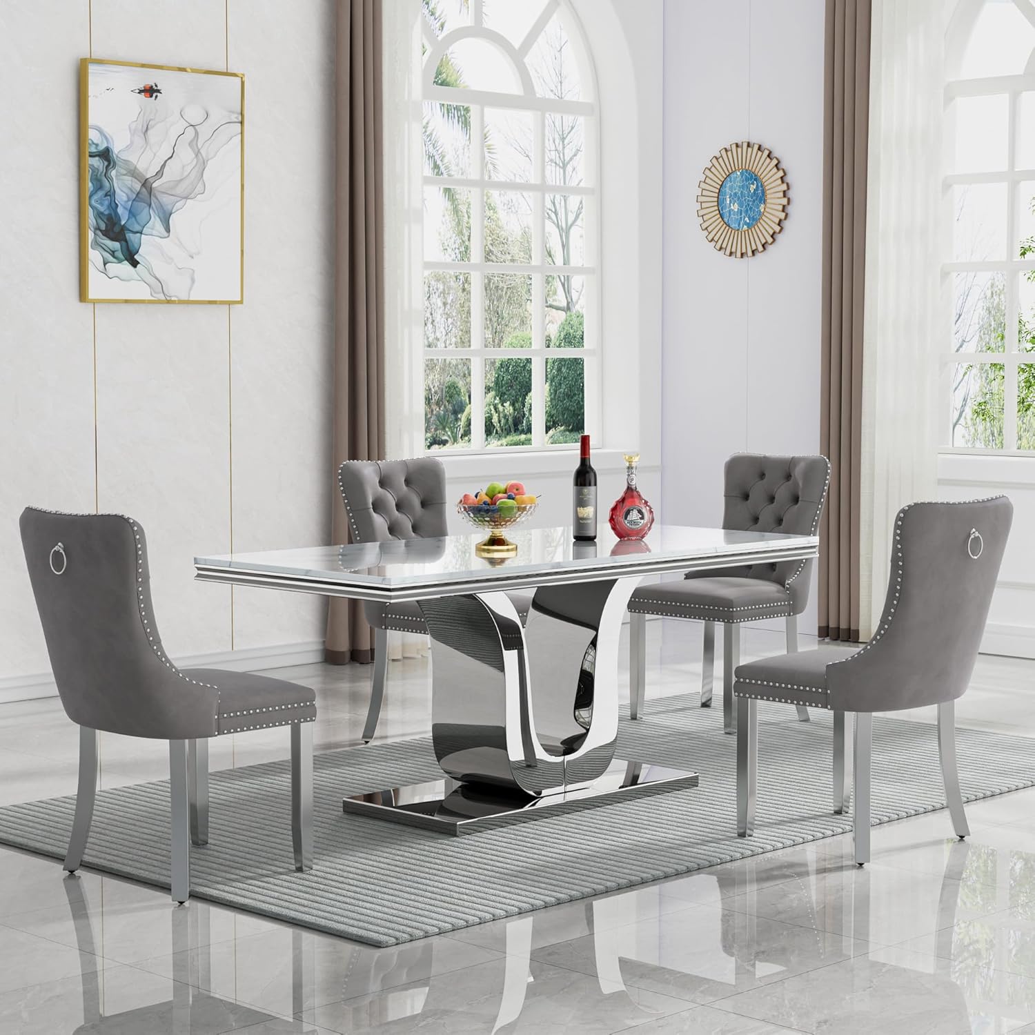 Modern White Dining Table for 6, U-Shape Stainless Steel Base, Marble Dining Room Table for 4-6, 68''L x 34''W Faux Marble Tabletop, Sturdy High Gloss Base, Rectangular Home Kitchen Table