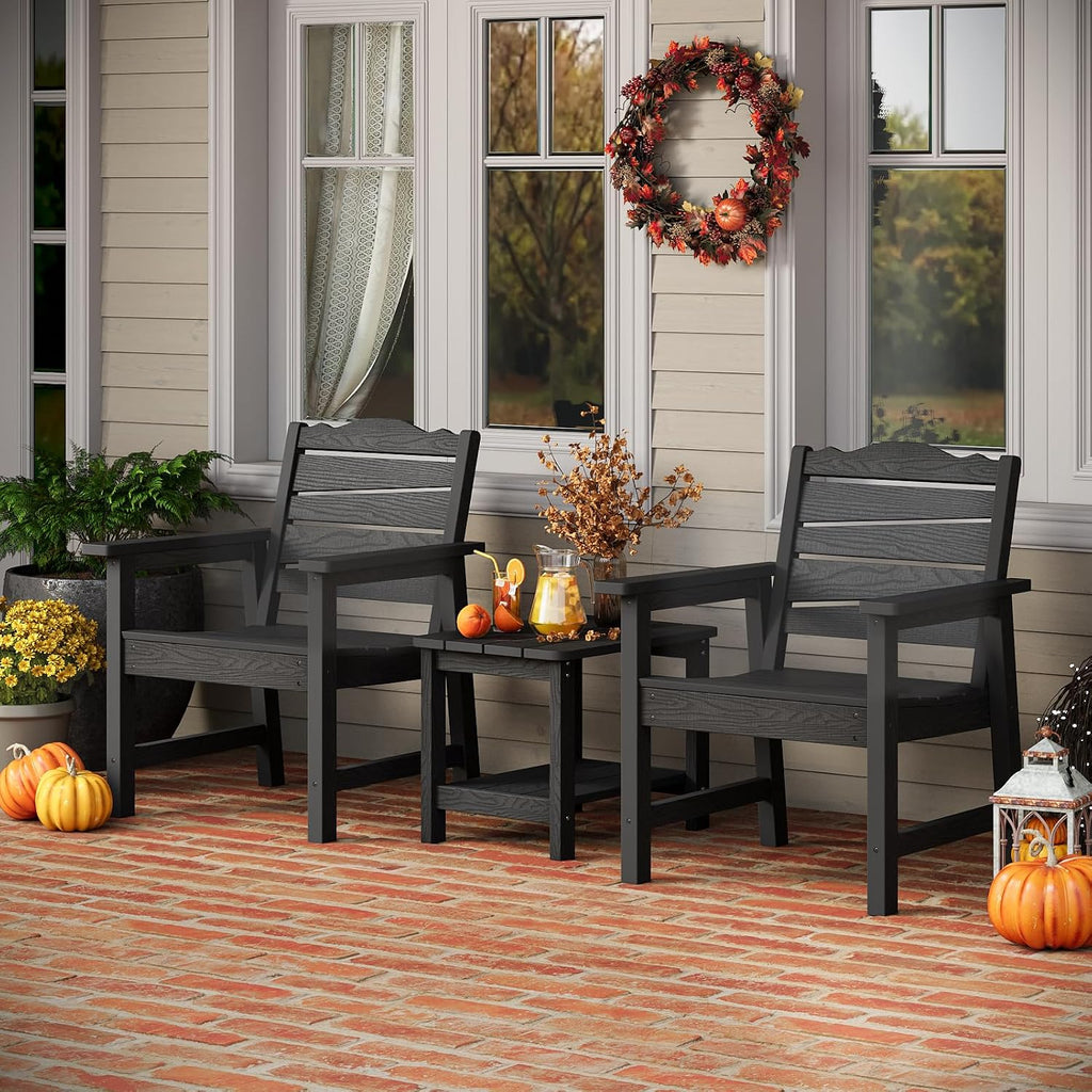 Patio Chairs Set, 3 Pieces Weatherproof HIPS Outdoor Furniture, Patio Chairs Conversation Sets with Side Table for Garden Porch Lawn & Backyard (Black)