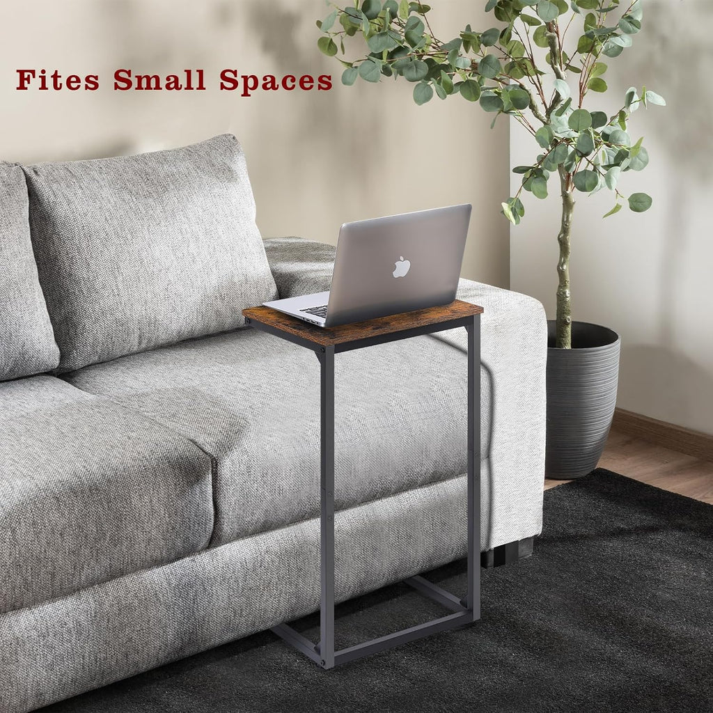 C-Shaped Tables,C Shaped End Table Set of 2-Rustic Brown Slide Under Sofa Side Tables with 22lbs Capacity, Space Saving TV Trays for Living Room, Bedroom & Small Spaces,Metal Frame Industrial