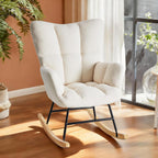 Nursery Rocking Chair, Teddy Upholstered Glider Rocker with High Backrest & Thick Cushion, Tufted Accent Armchair with Wood Legs, Comfy Reading Chair for Living Room Bedroom Office, Beige