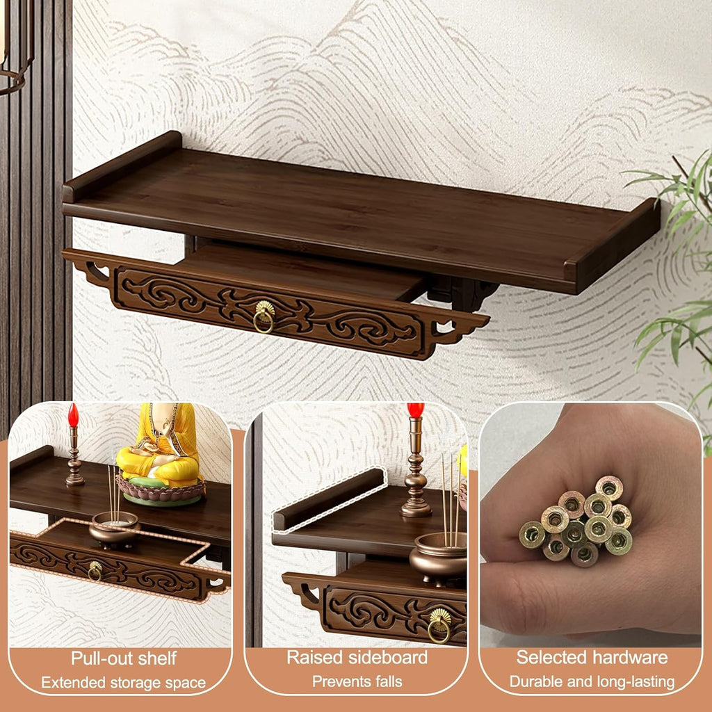 Prayer Altar Personal Shrine Stand Wall-Mounted Buddha Altar Shelf Stand, with Storage Tier, Antique Carving Buddha Offering Table(66cm/26in)