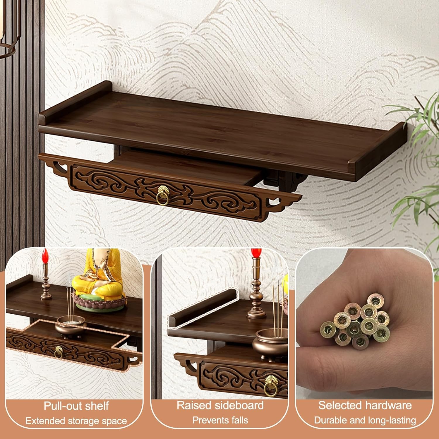 Prayer Altar Personal Shrine Stand Wall-Mounted Buddha Altar Shelf Stand, with Storage Tier, Antique Carving Buddha Offering Table(66cm/26in)