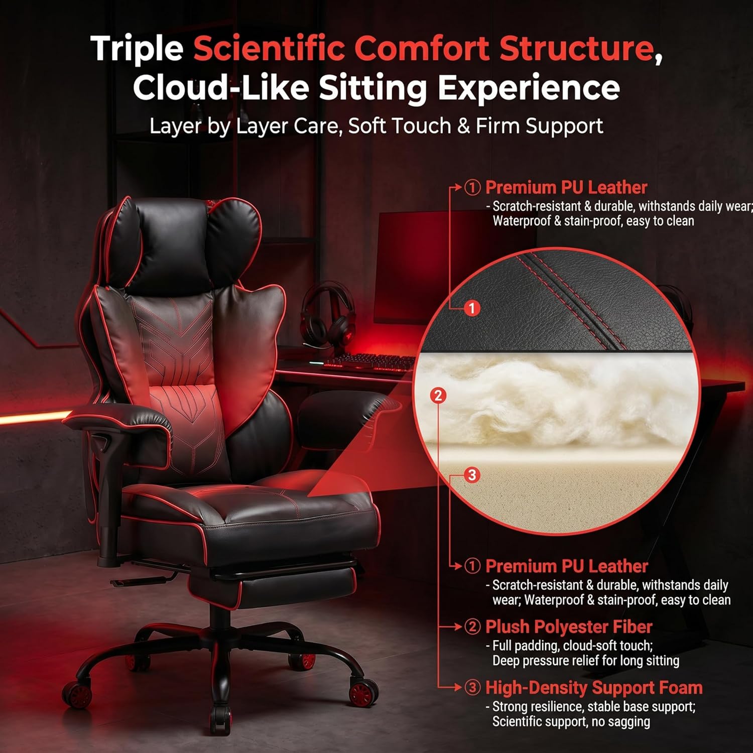 Big and Tall Gaming Office Chair 400lbs - Heavy Duty Ergonomic Computer Desk Chair with Footrest, Adjustable Armrests, High Back PU Leather with Racing Style (Black/Red)
