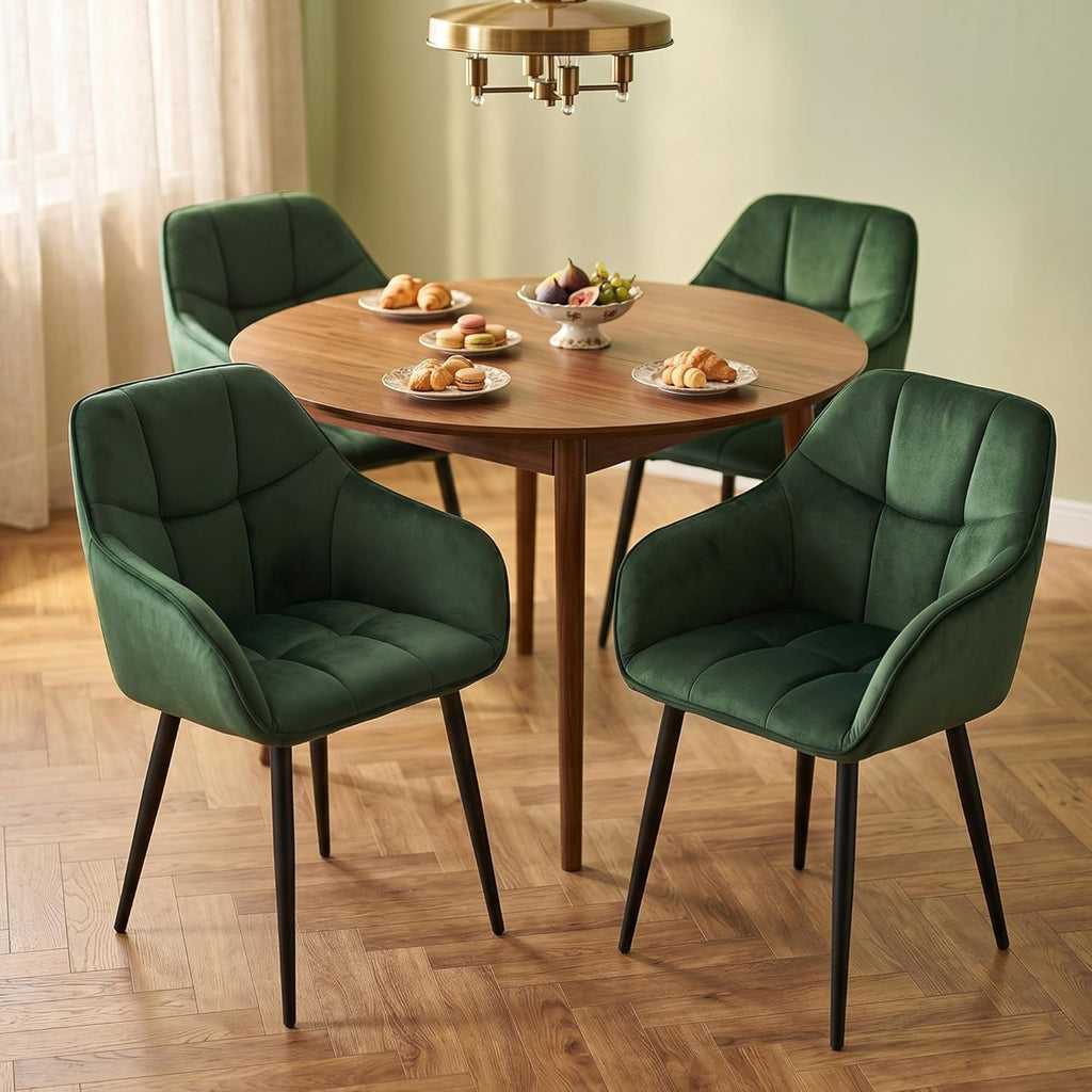 Modern Green Velvet Dining Chairs, Upholstered Tufted Side Chairs with Arms Set of 2, Black Metal Legs, Accent Arm Chairs for Kitchen, Dining Room, Living Room (Green)