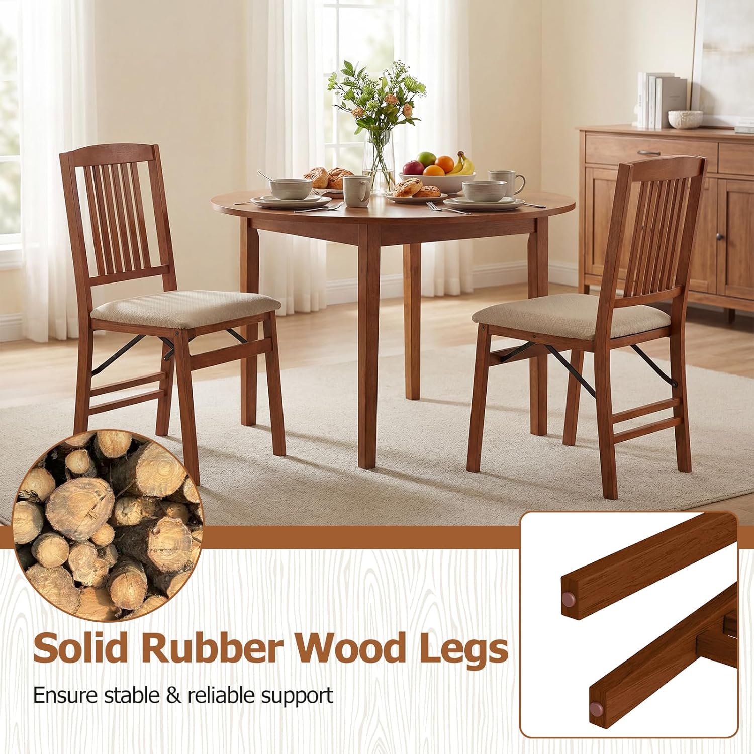 Giantex Folding Dining Chairs Set of 2, Foldable Wood Kitchen Chairs with Padded Seat, Max Load 420 Lbs, No Assembly, Wooden Dining Room Chair, Armless Side Chair for Home Apartment, Fruitwood & Beige