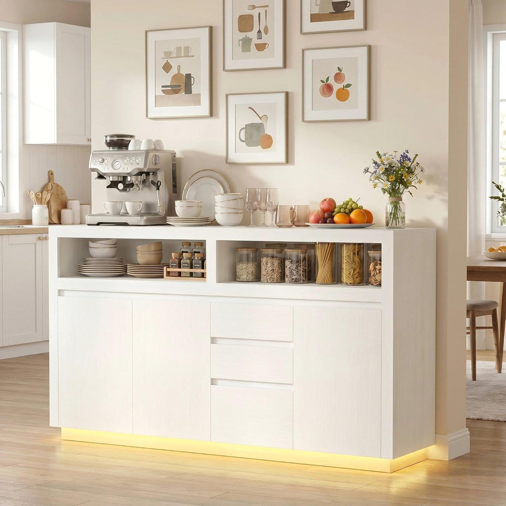 FOTOSOK 63" Sideboard Buffet Cabinet with Storage, Modern Kitchen Buffet Cabinet with Drawer, Kitchen Storage Cabinet with Power Outlet & LED Light, Coffee Bar Cabinet for Kitchen, Living Room, White