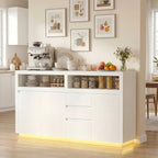 FOTOSOK 63" Sideboard Buffet Cabinet with Storage, Modern Kitchen Buffet Cabinet with Drawer, Kitchen Storage Cabinet with Power Outlet & LED Light, Coffee Bar Cabinet for Kitchen, Living Room, White