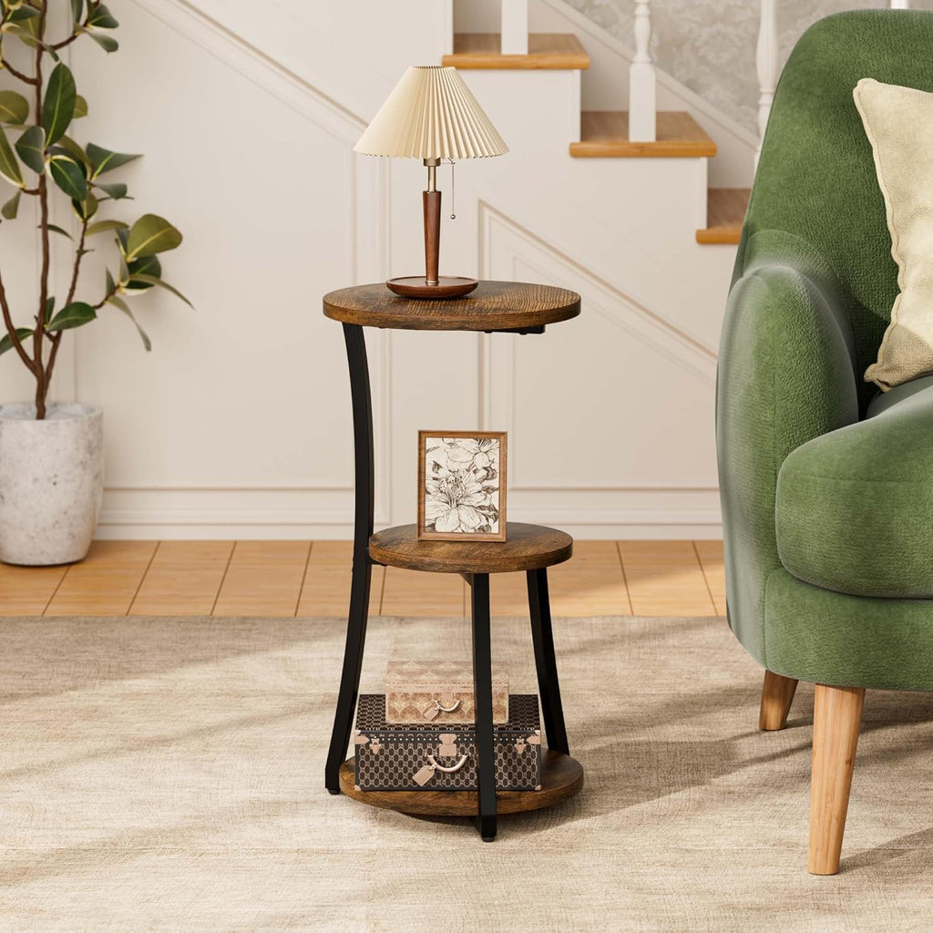 Small Side Table, 3-Tier Round End Table for Small Spaces, Vintage Accent Table for Living Room Sofa Couch Bedroom, 11.8" Corner Nightstand Wood Metal Coffee Table with Storage Shelf, Rustic Brown