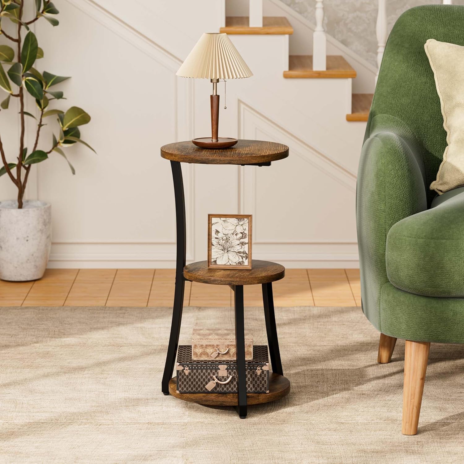 Small Side Table, 3-Tier Round End Table for Small Spaces, Vintage Accent Table for Living Room Sofa Couch Bedroom, 11.8" Corner Nightstand Wood Metal Coffee Table with Storage Shelf, Rustic Brown