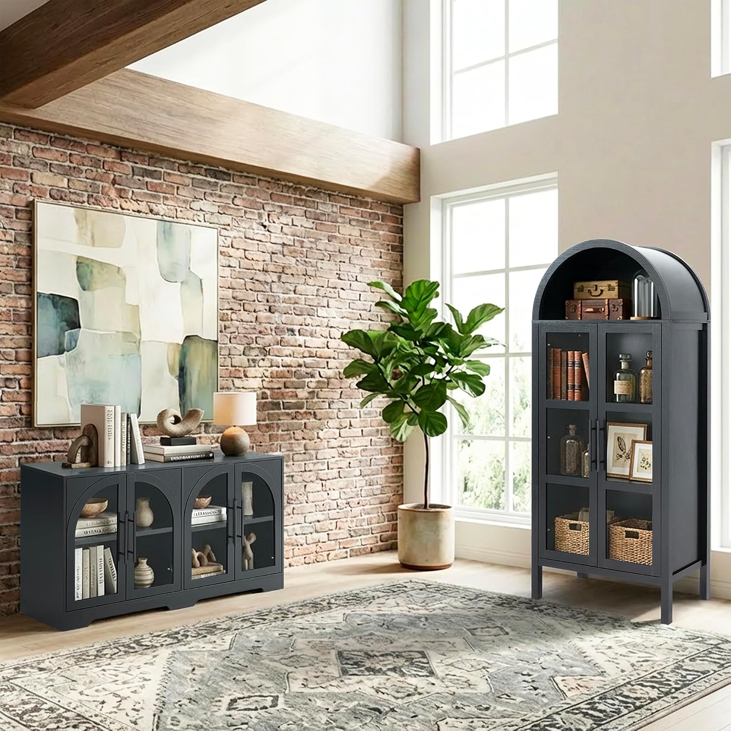 leovanni Arched Kitchen Pantry Cabinet with Tempered Glass Doors, 72" Tall Hutch Storage Cabinet with Adjustable Shelves, Glass Display Bookcase for Dining Room or Living Room, Black