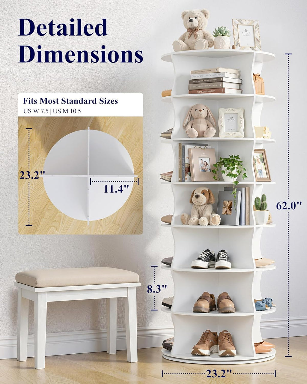 Kitsure Shoe Rack - 7-Tier Rotating Shoe Rack Tower, 360° Revolving Display & Storage Solution with Lazy Susan, Space-Saving Shoe Rack for Entryway, Closet, Bedroom, White