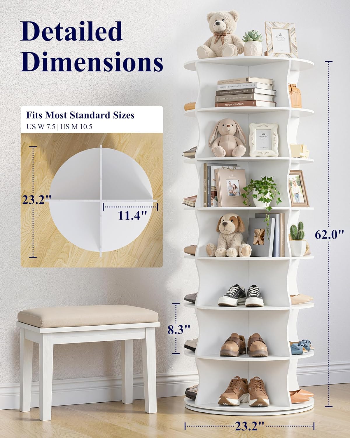 Kitsure Shoe Rack - 7-Tier Rotating Shoe Rack Tower, 360° Revolving Display & Storage Solution with Lazy Susan, Space-Saving Shoe Rack for Entryway, Closet, Bedroom, White