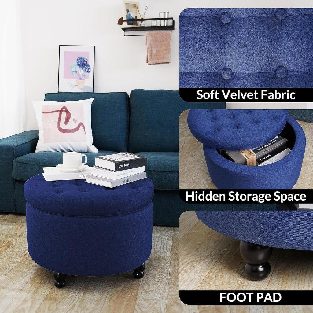 Elevon Large Button Tufted Accent Round Storage Ottoman Upholstered Ottoman with Storage for Living Room & Bedroom, 24.4" x 24.4" x 16.9", Navy Blue