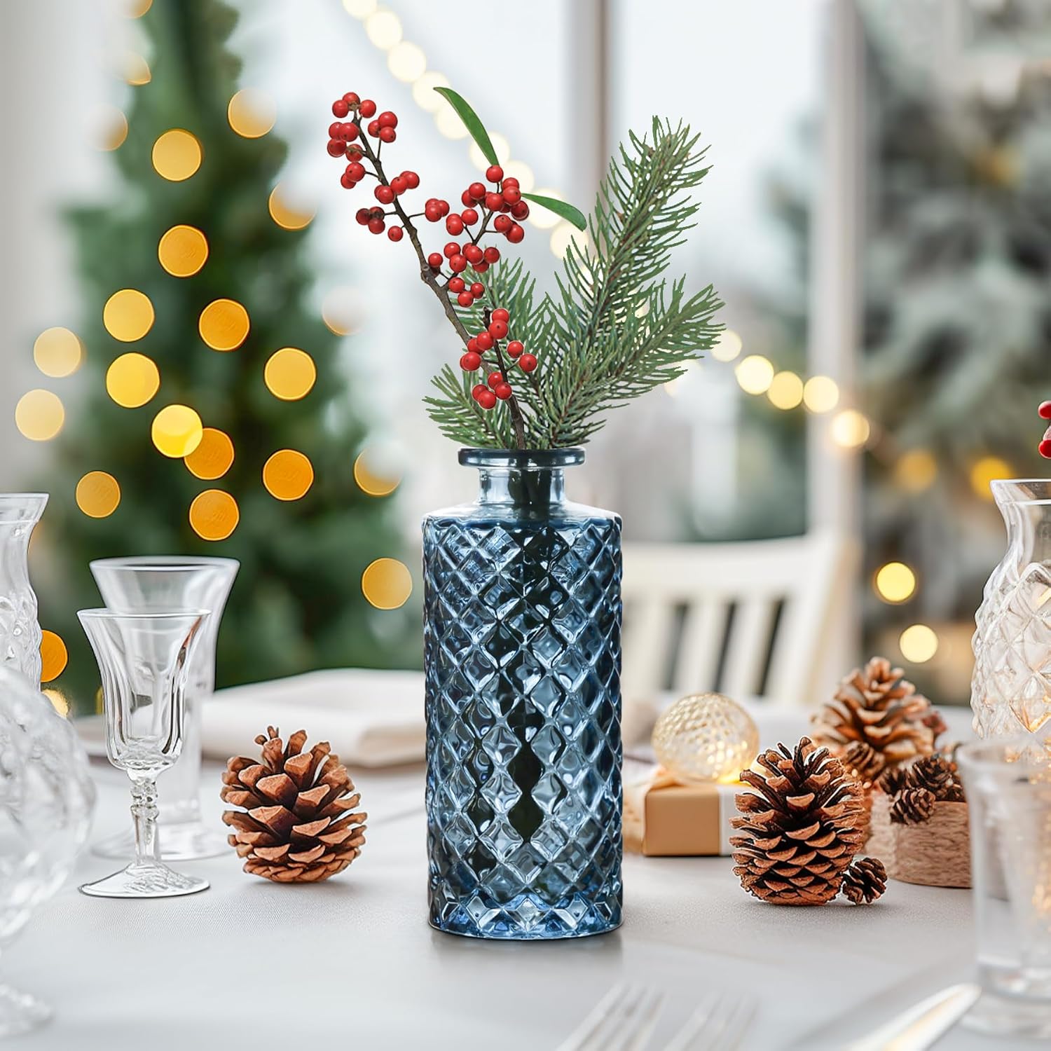 ComSaf Glass Bud Vases Set of 12, Small Diamond Bud Vases in Bulk, Mini Flowers Vases for Centerpieces, Vintage Decor Centerpiece for Table, Wedding Recepetion, Home, Housewarming Gift (Grey Blue)