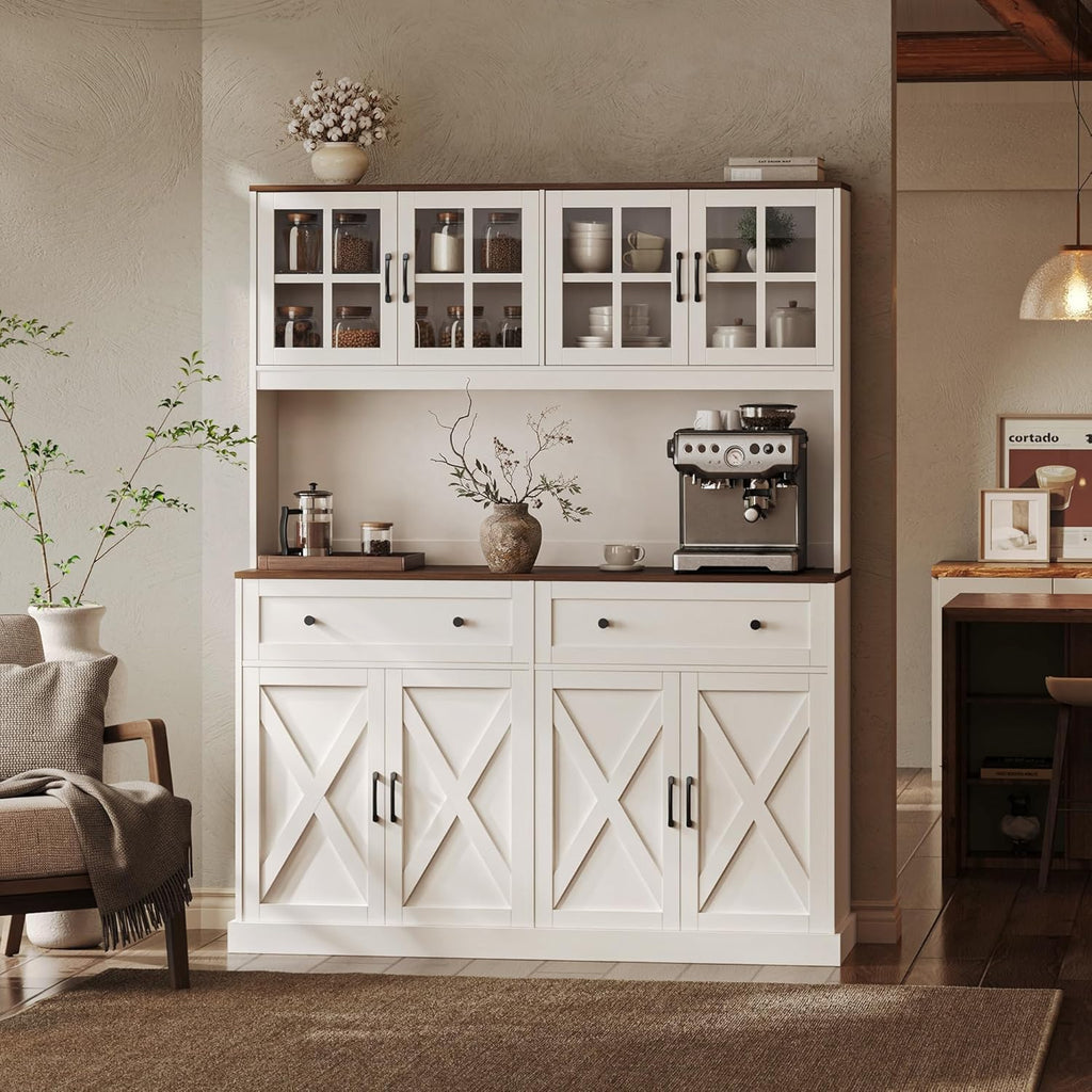 PRAISUN 71''H x 55.1''W Pantry Cabinet with Charging Station, 4 Wide Cabinets Kitchen Pantry with 2 Drawers, Farmhouse Hutch Storage Cabinet, Tall Coffee Bar, Acrylic Door, Adjustable Shelves, White