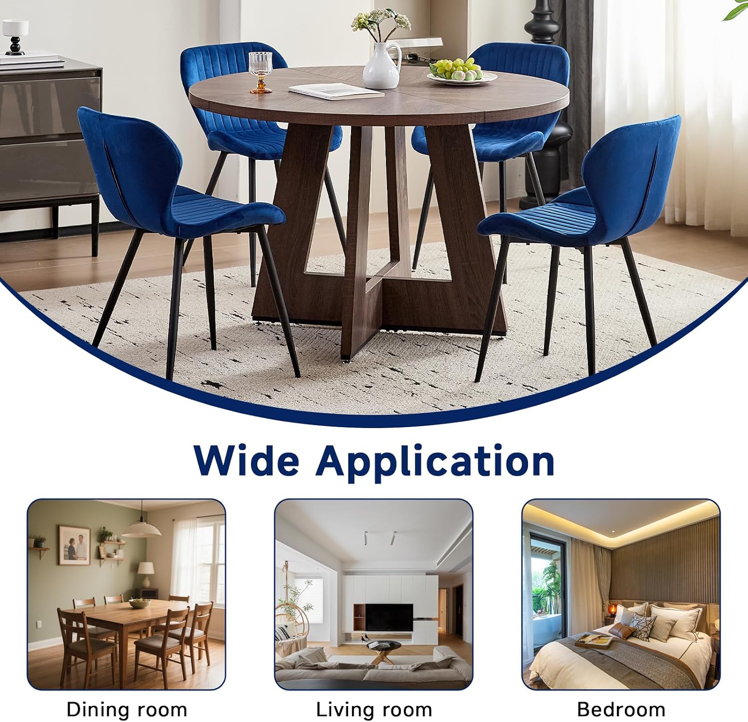 Velvet Dining Chairs Set of 4, Mid Century Modern Plain Color Upholstered Chair with Backrest Metal Legs for Kitchen, Bedroom, Living Room and Office, Blue(Only Chairs)