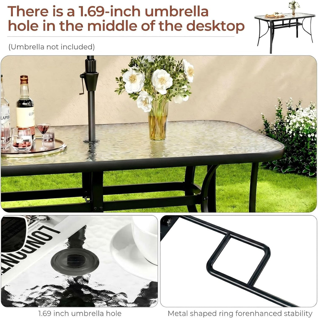 TLSUNNY Patio Outdoor Table W/ 1.69″ Umbrella Hole, 30"X 55" Rectangular Tempered Glass Patio Dining Table for 6, Outdoor Metal Furniture, All-Weather Use, for Patio, Graden, Backyard (Black)