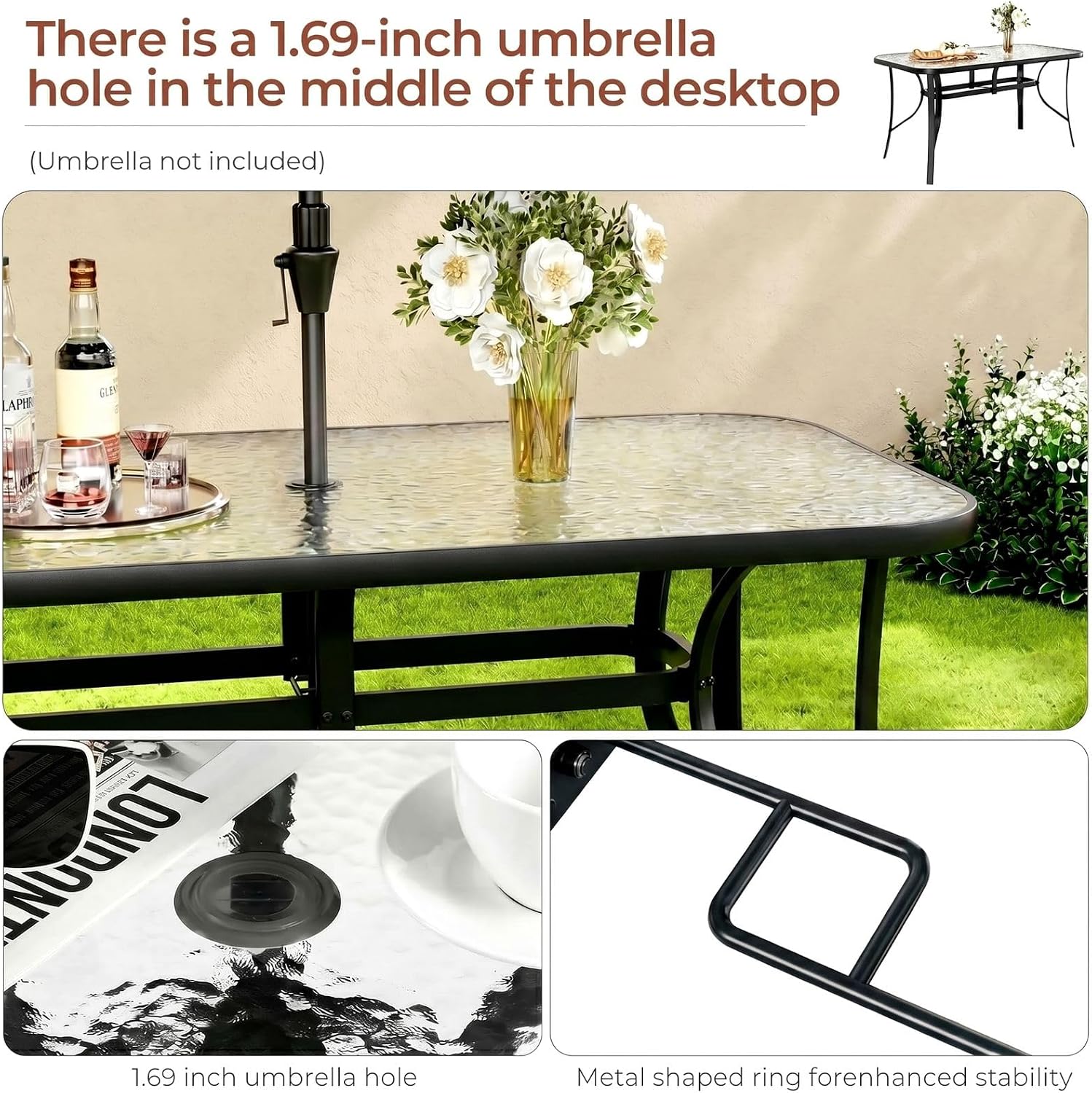 TLSUNNY Patio Outdoor Table W/ 1.69″ Umbrella Hole, 30"X 55" Rectangular Tempered Glass Patio Dining Table for 6, Outdoor Metal Furniture, All-Weather Use, for Patio, Graden, Backyard (Black)