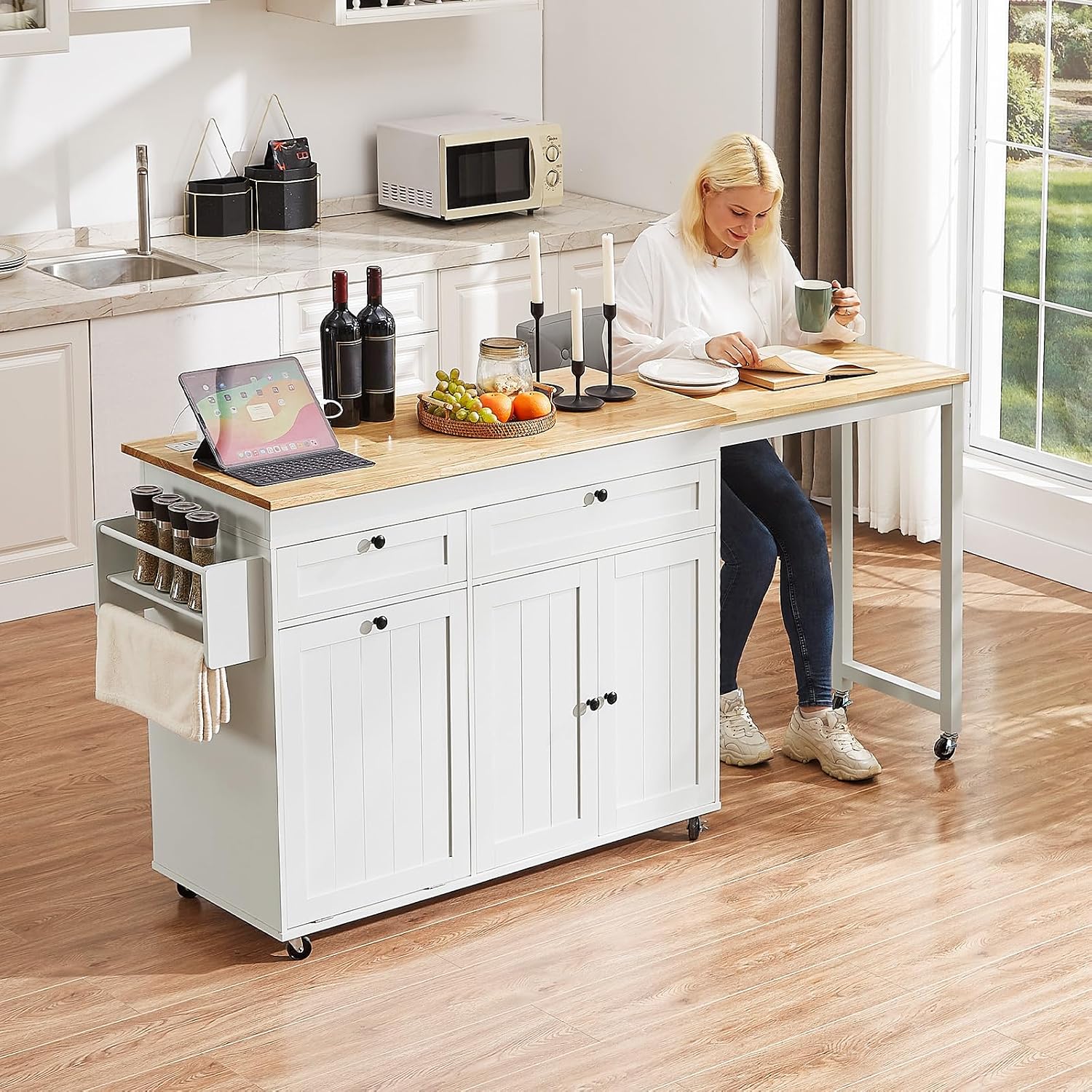 ONBRILL Kitchen Islands with Extendable Dining Table, 81.7" Mobile Kitchen Storage Islands, Rolling Kitchen Cart with Trash Cabinet, Power Outlet, Spice Rack & Towel Rack, White