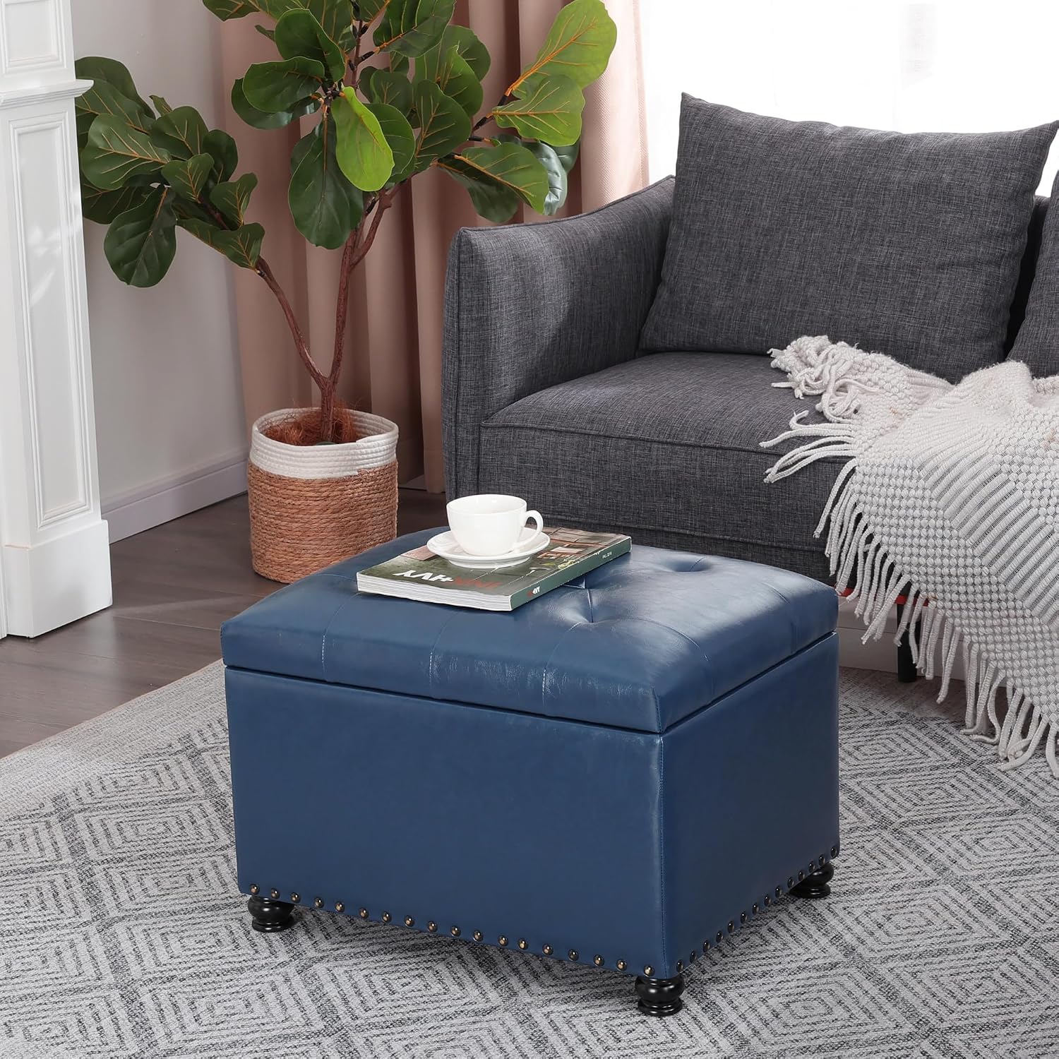 Joveco Faux Leather Storage Ottoman Bench Rectangle 24 Inch Foot Rest Ottomans
