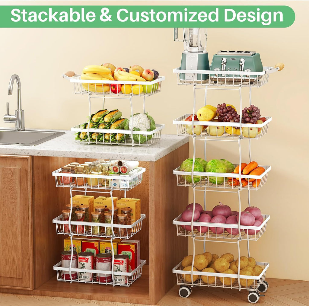 SAYZH Fruit Basket Kitchen Pantry Organizers and Storage - 5 Tier Stackable Metal Wire Basket Stand For Fruit Vegetable Snacks Jars Bins Containers Organization (White, 5 Tiers)