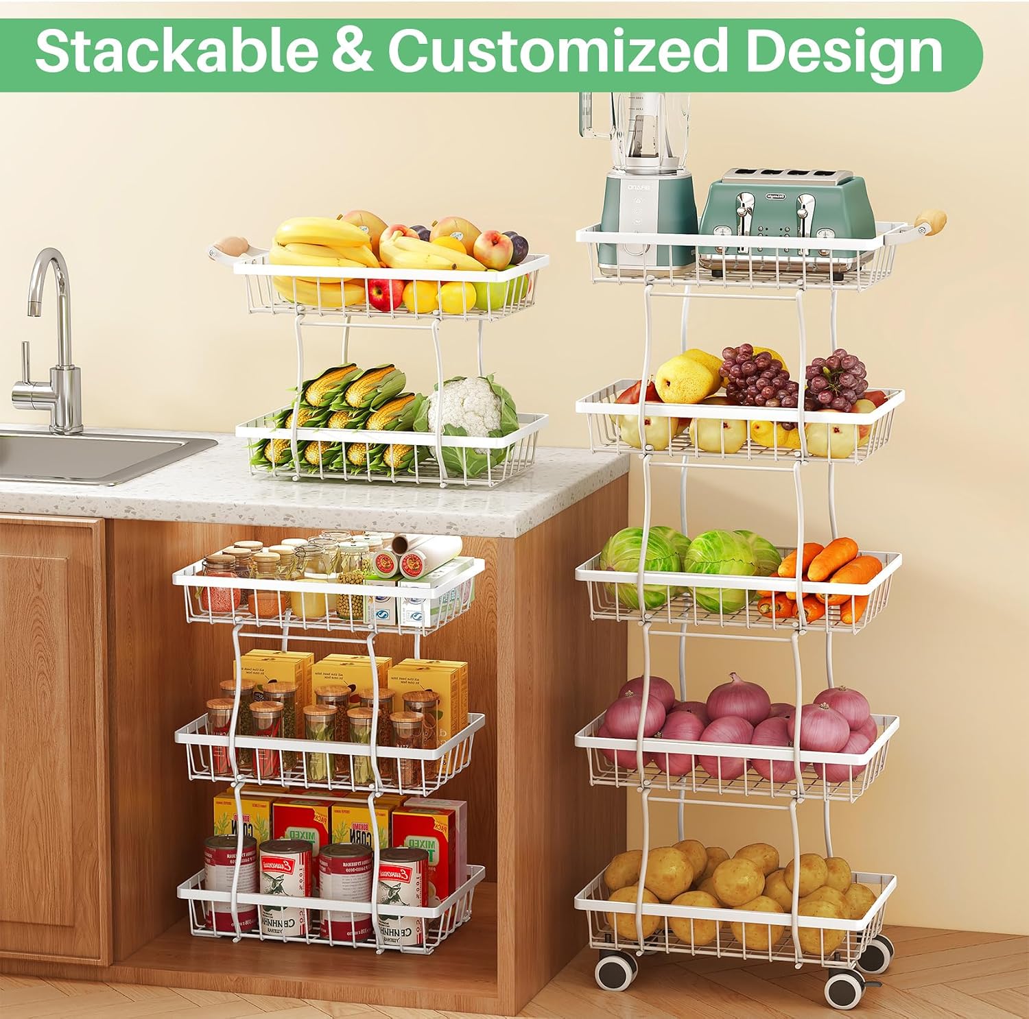 SAYZH Fruit Basket Kitchen Pantry Organizers and Storage - 5 Tier Stackable Metal Wire Basket Stand For Fruit Vegetable Snacks Jars Bins Containers Organization (White, 5 Tiers)