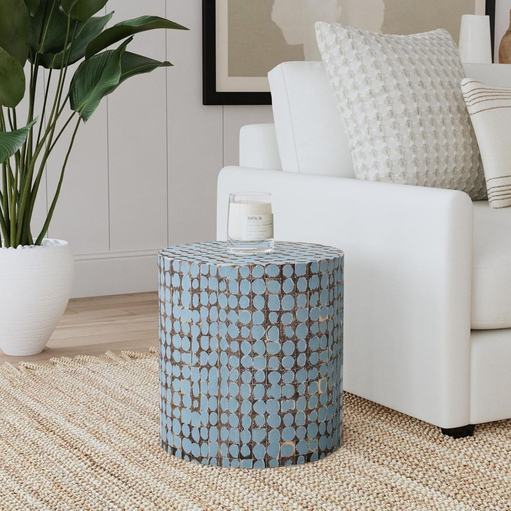 East at Main Boho Side Table Nightstand, Blue Coconut Shell End Table, Handcrafted Accent Furniture for Living Room, Bedroom, or Entryway, Coastal Rustic Decor, Small Round Accent Table