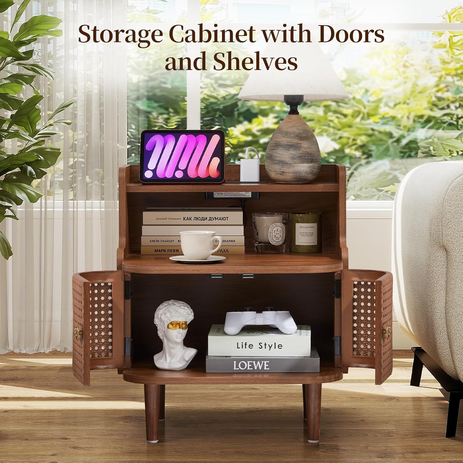 Metal Rattan End Table with Charging Station, Mid Century Modern Nightstand with 2 Doors, Bed Side Table with Storage for Couch, Living Room, Small Spaces, Sofa Side Table for Office, Dorm - Walnut