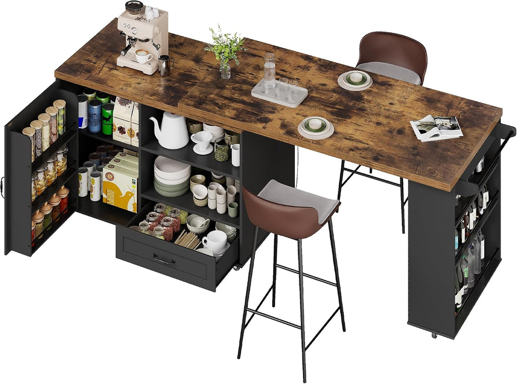 RALGEND Rolling Kitchen Island with 360° Swivel Tabletop, Large Kitchen Island Table with Power Outlet, Mobile Kitchen Island Cart with Storage Cabinets for Kitchen & Office, Black and Rustic Brown