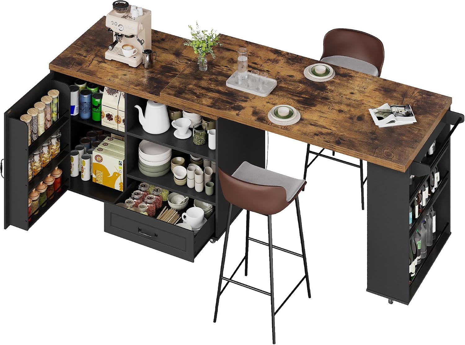 RALGEND Rolling Kitchen Island with 360° Swivel Tabletop, Large Kitchen Island Table with Power Outlet, Mobile Kitchen Island Cart with Storage Cabinets for Kitchen & Office, Black and Rustic Brown