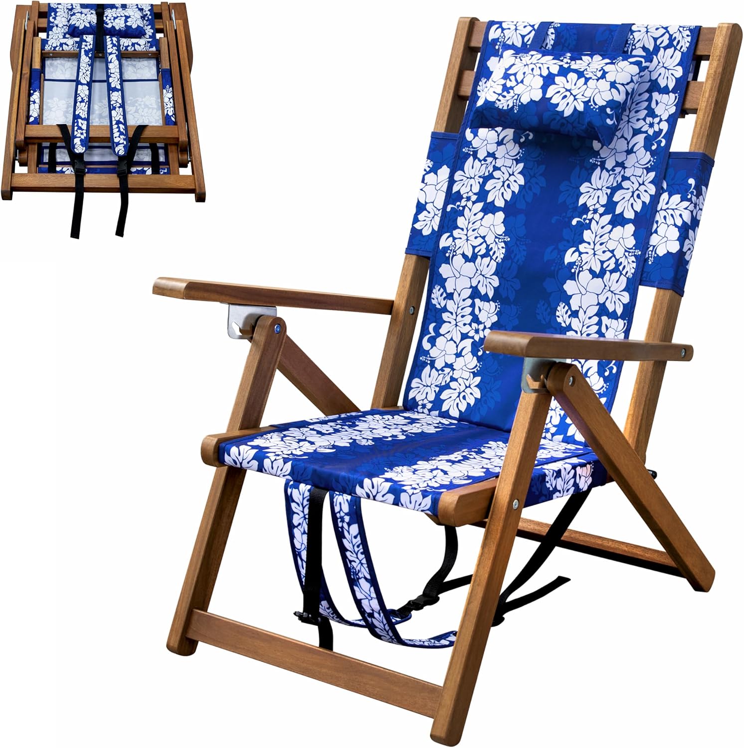 Melino Wooden Folding Outdoor Chair – 3-Position Reclining Beach Sling w/ Pillow, Zipper Pouch, Carry Strap – Acacia Wood Frame for Patio, Lawn, Garden, Pool 225 lbs Support - Portable Lounge, Floral