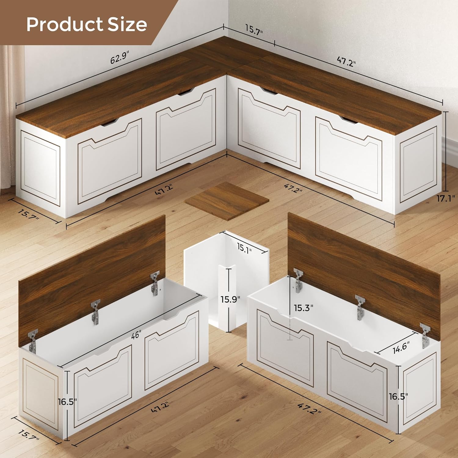 L Shaped Corner Bench with Storage, Breakfast Nook Bench, 63" L-Shaped Kitchen Nook Seating, Hidden Flip-Top Storage Compartments for Entryway, Dining Room, Hallway, Cloakroom, w/Grey Cushion