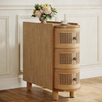 Tribesigns Solid Wood End Table, 3-Drawer Rattan Side Table, Night Stand with 3 Rattan Drawers and Exquisite Embossed Handles for Living Room, No Assembly Required (1, Oak)