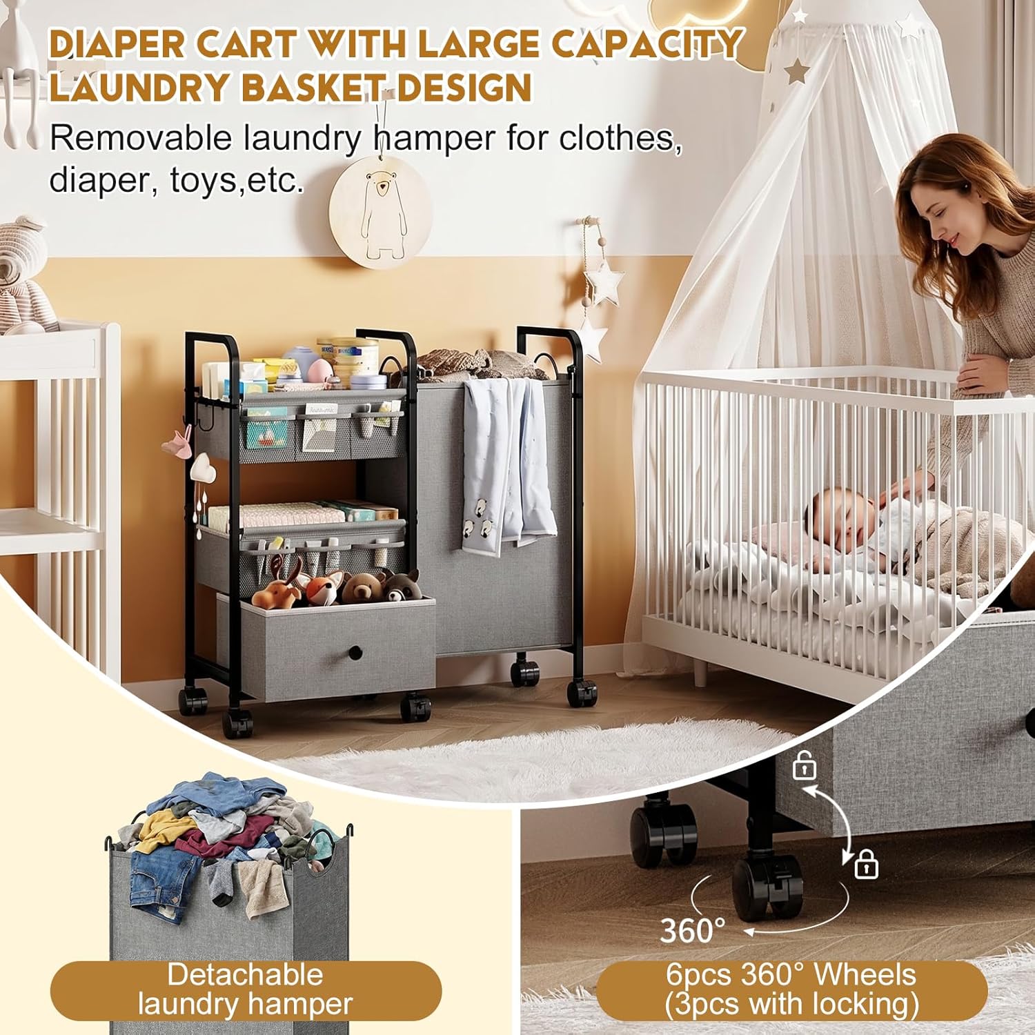 Cidaziya 2In1 Baby Diaper Caddy Organizer with Laundry Hamper, 3 Tier Rolling Cart with Dividers and Drawers, Upgrade Diaper Cart Utility Cart Clothes Organizer for Baby Essentials, New Mom, Nursery