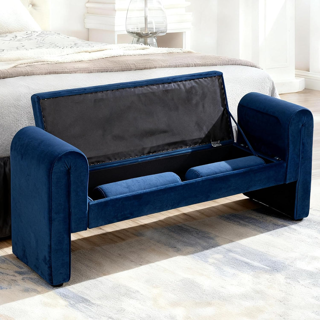 60.5" End of Bed Bench Storage Bench for Bedroom,Soft Velvet Upholstered Ottoman Bench with Rolled Arms, Eentryway Bench with Storage for Living Room,Hallway, Dressing Room (Dark Blue)