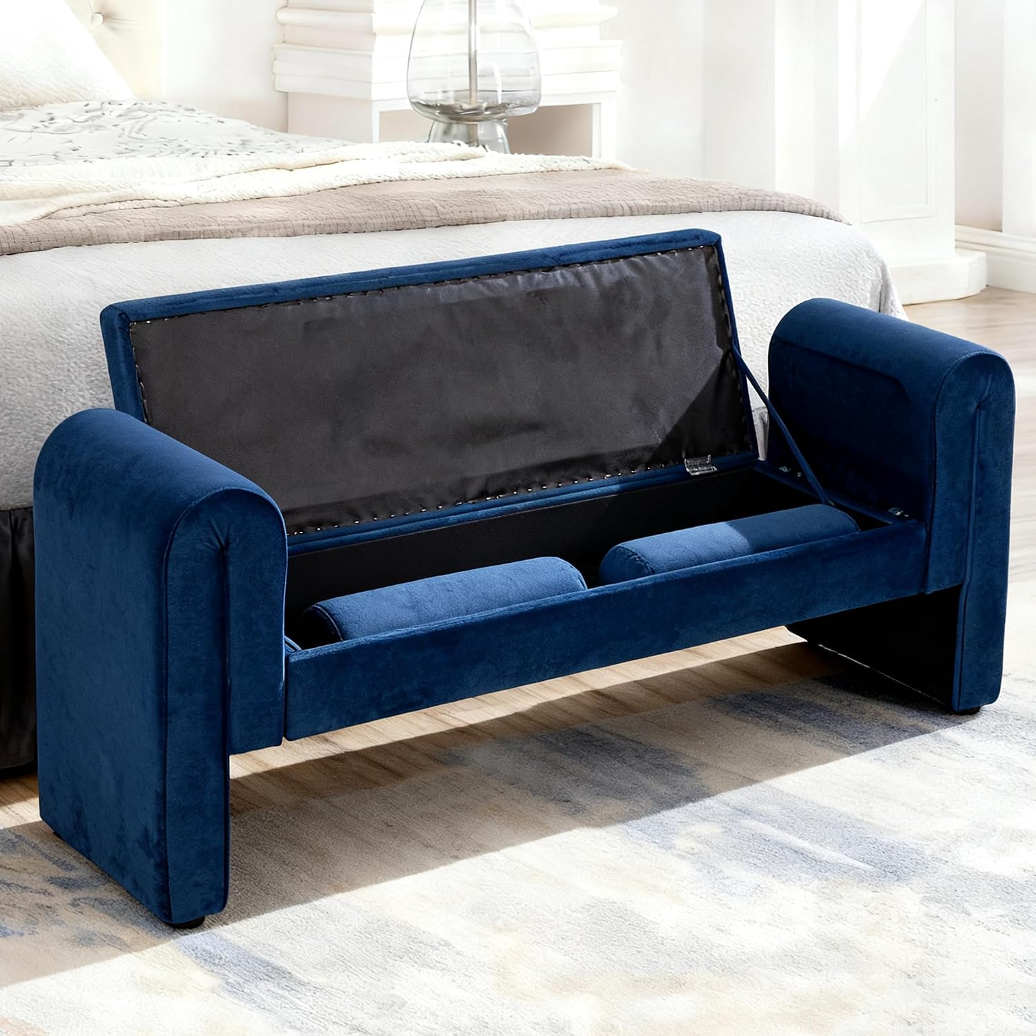 60.5" End of Bed Bench, Velvet Bedroom Bench,King Bed Bench,with 2 Pillows,Upholstered Bench,Suitable for End of Bed, Entryway Living Room,Bedroom. (Velvet Blue)