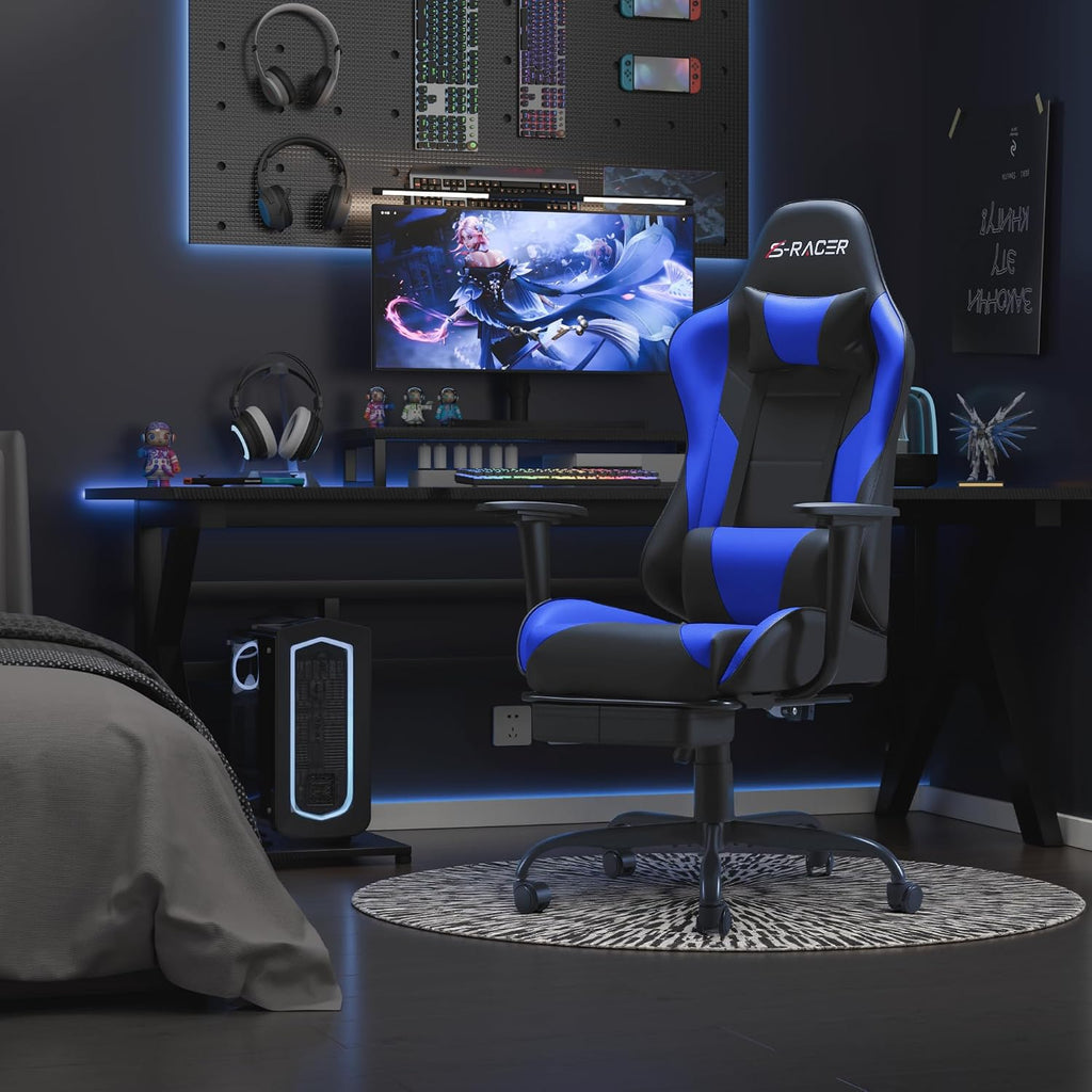 Gaming Chairs, Computer Chair with Footrest and Massage Lumbar Support, Height Adjustable Game Chair with Headrest and Swivel Seat (Blue)